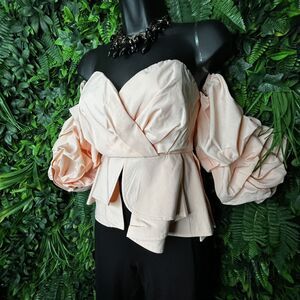 TOPS‎ Women Small Peach Orange Peplum Balloon Cold Shoulder Crop CASTING 0633